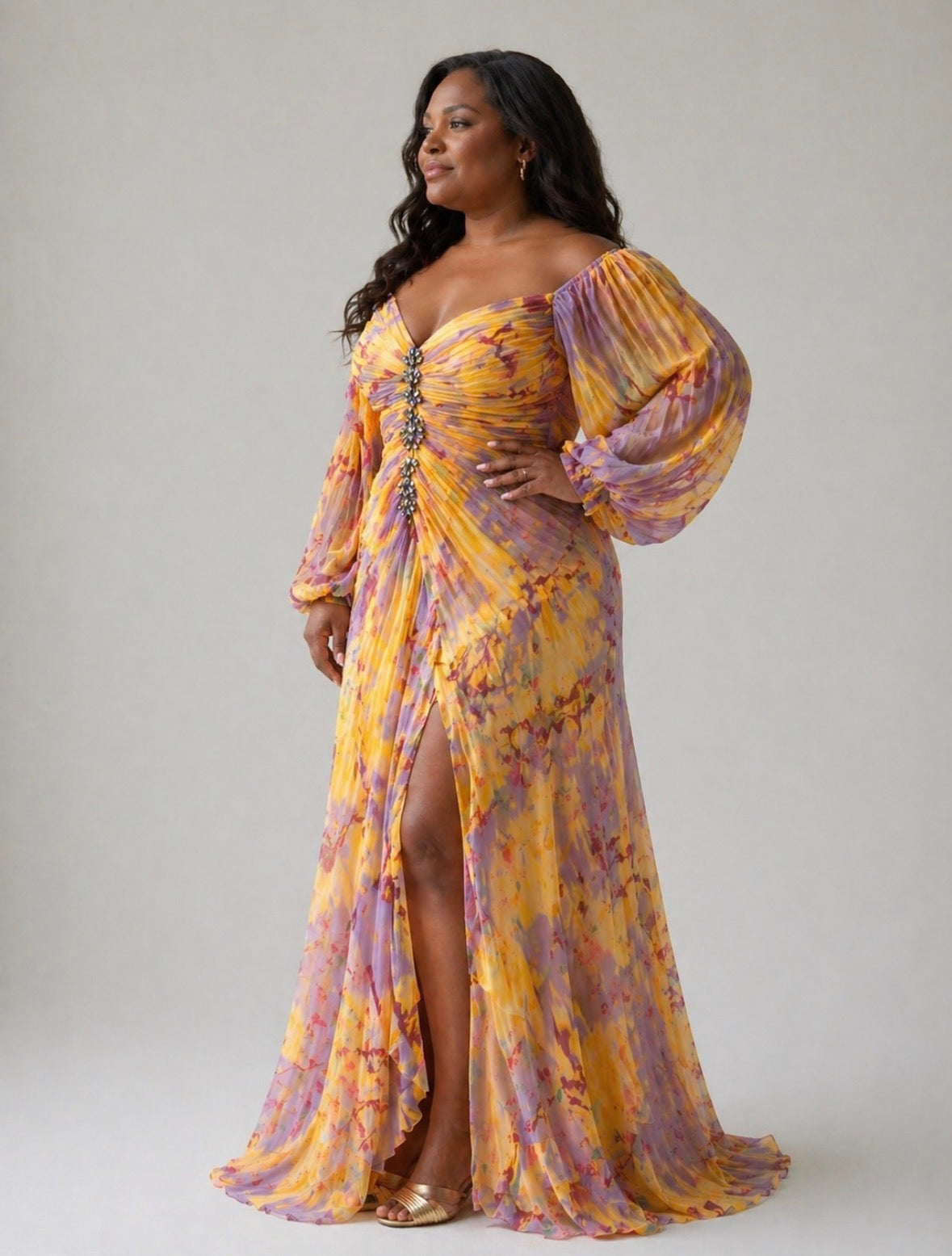 kristine™ | Long Floral Dress with Deep Neckline