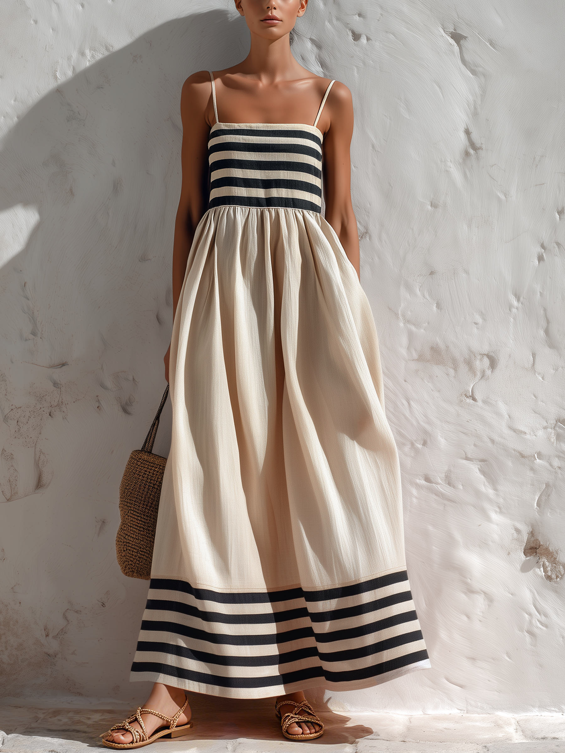 ORTENSIA | LONG BLACK AND BEIGE STRIPED DRESS WITH THIN STRAPS