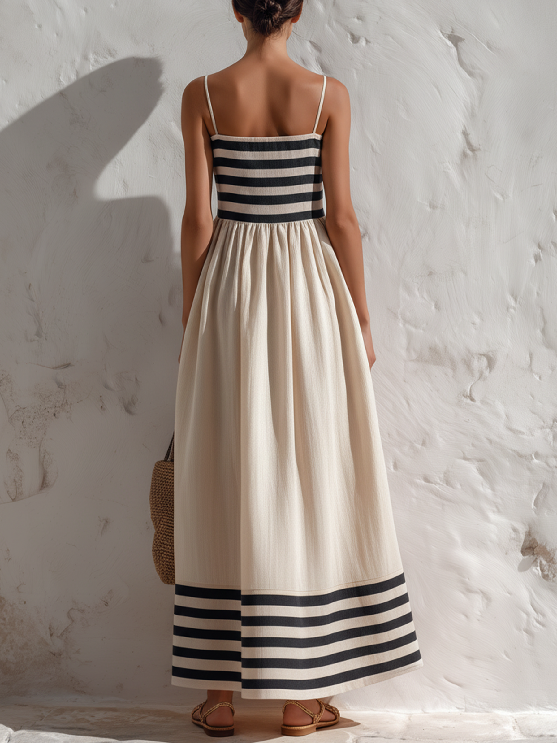 ORTENSIA | LONG BLACK AND BEIGE STRIPED DRESS WITH THIN STRAPS