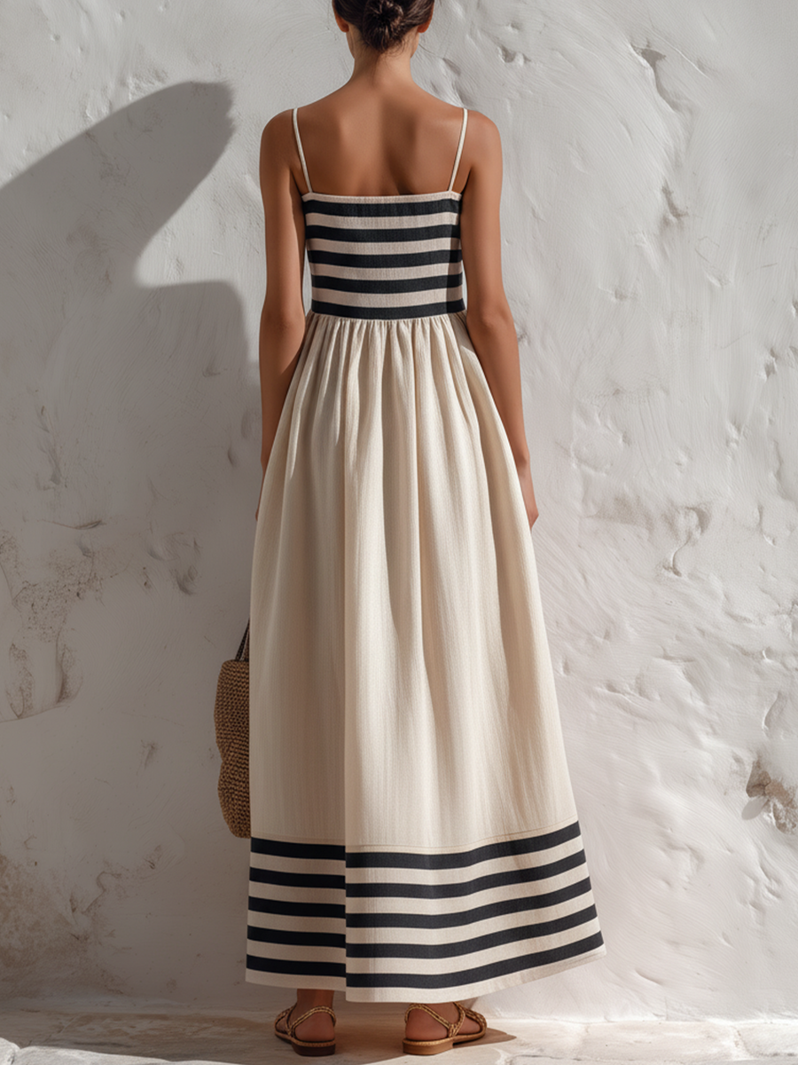ORTENSIA | LONG BLACK AND BEIGE STRIPED DRESS WITH THIN STRAPS