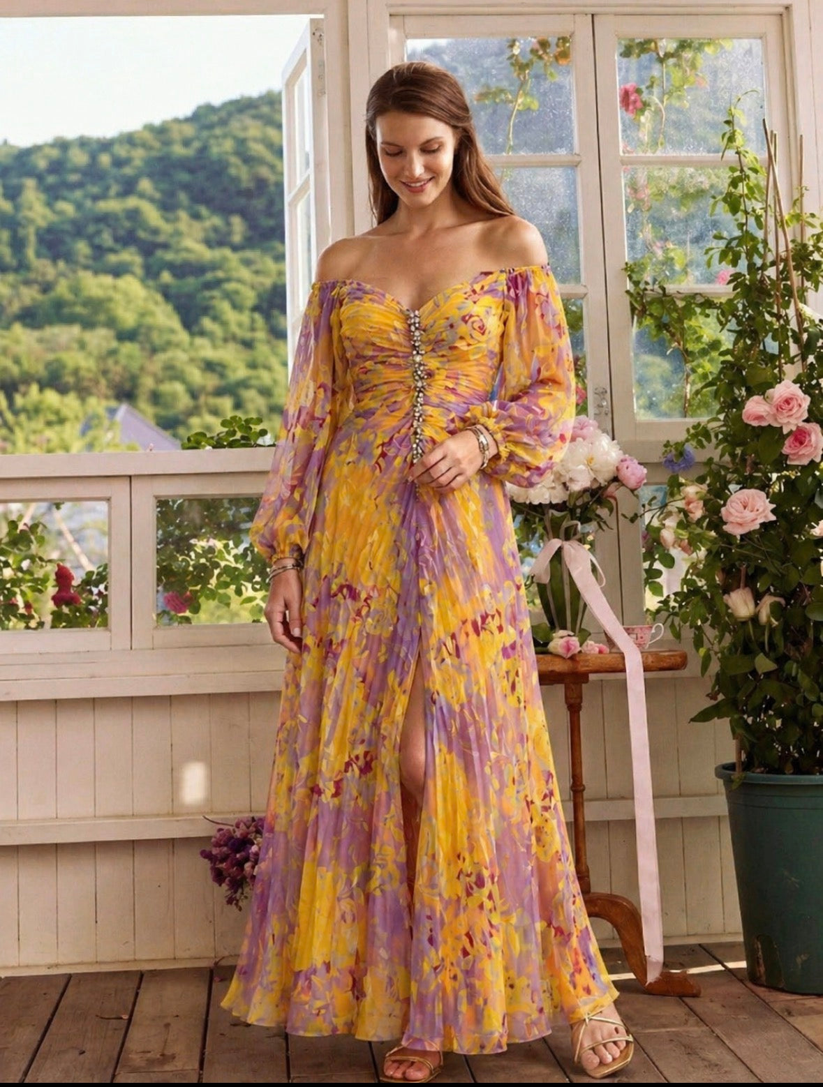 kristine™ | Long Floral Dress with Deep Neckline