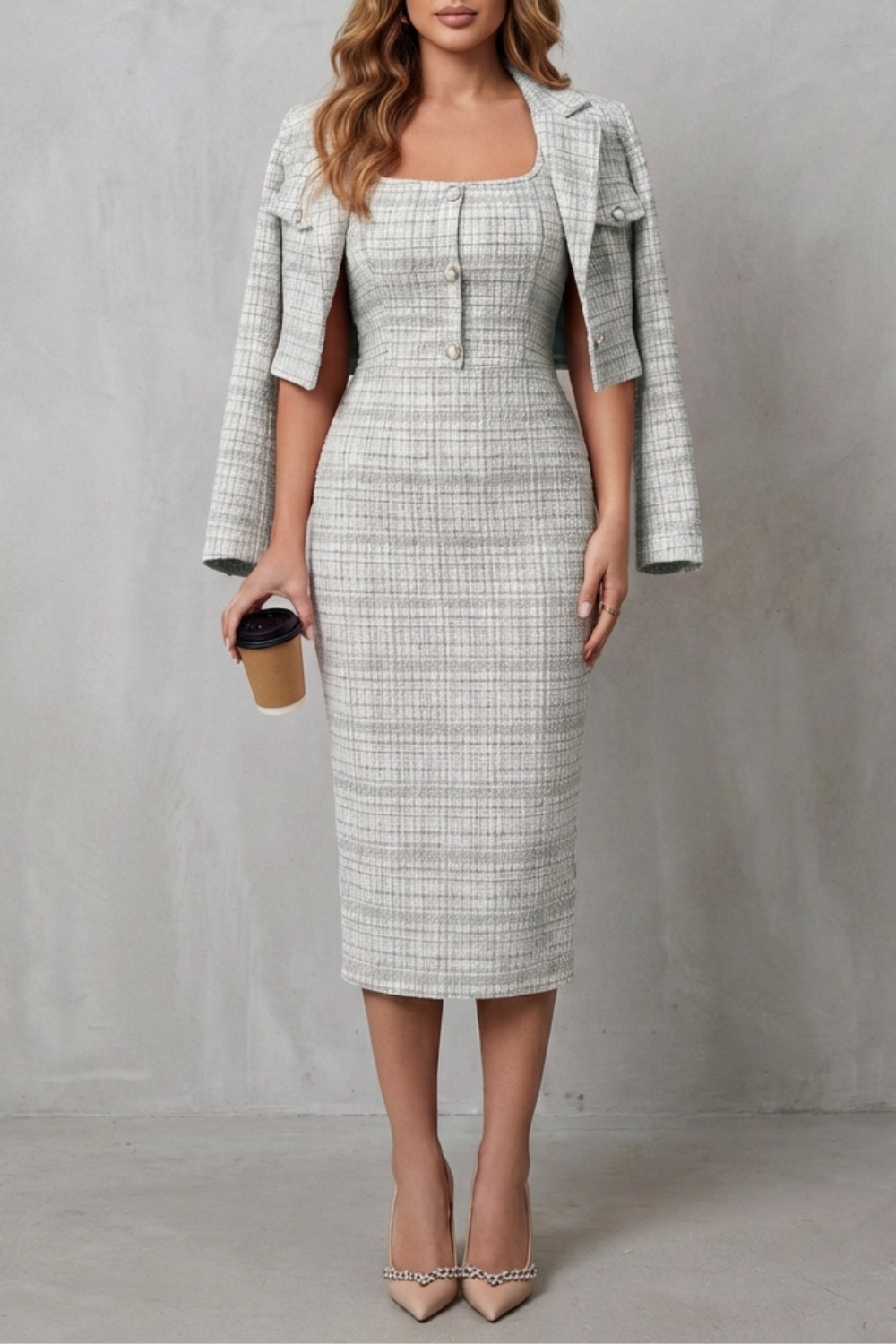 Bellaisie – Elegant plaid tailoring – Two-piece midi dress set