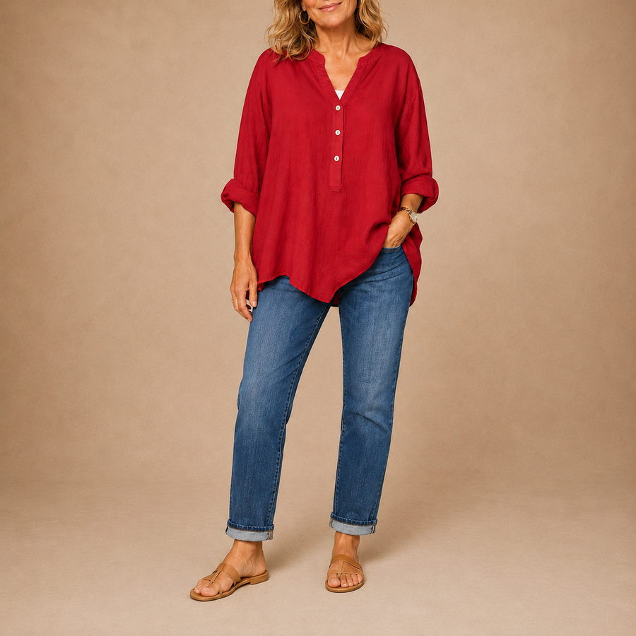 Veronique™ Elegant Cotton-Linen V-Neck Blouse