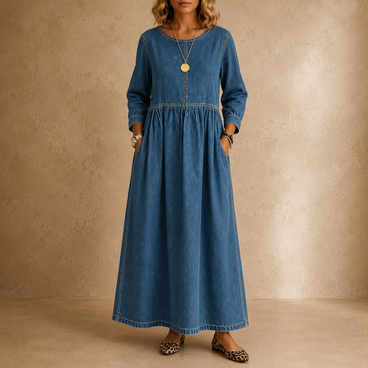 Melissa | Round Neck Long Sleeve Denim Dress