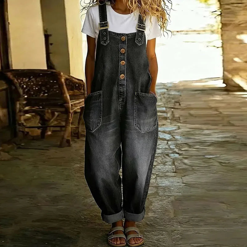 June - Vintage Soft Cotton Denim-Look Overalls with Adjustable straps