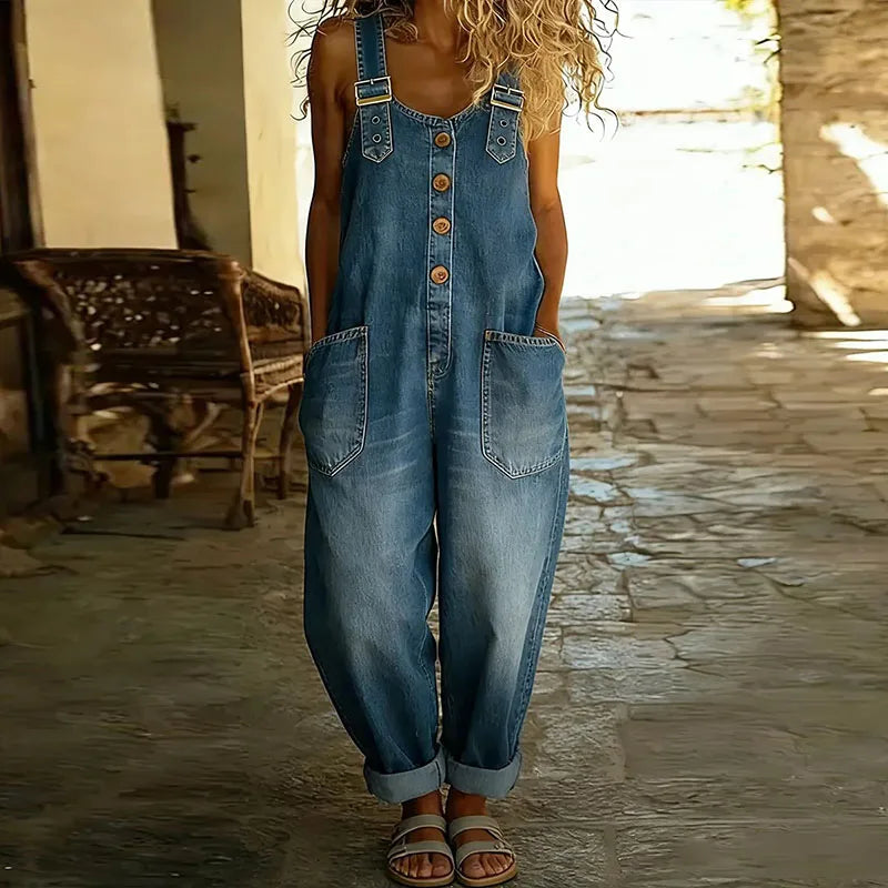 June - Vintage Soft Cotton Denim-Look Overalls with Adjustable straps