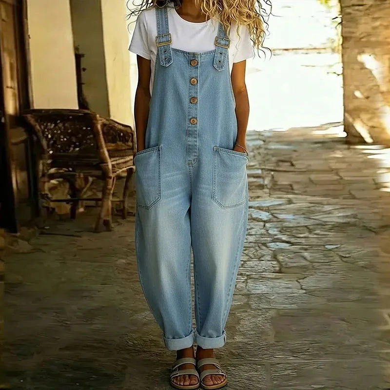 June - Vintage Soft Cotton Denim-Look Overalls with Adjustable straps