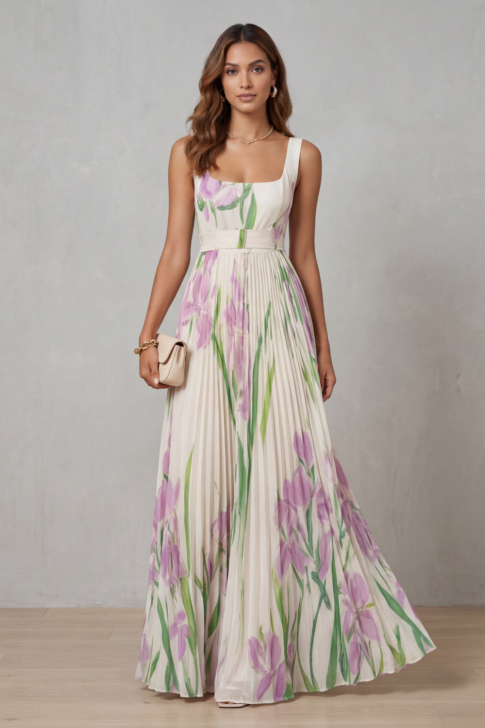 Vivienna – Watercolor floral – Pleated maxi dress